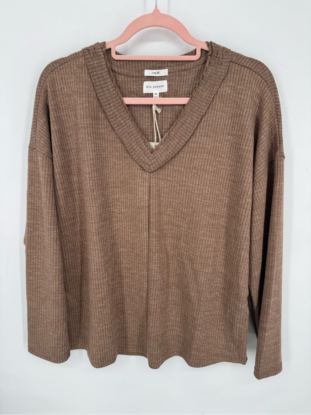Blu Pepper Cozy Life Brown Fall Soft Stretch Ribbed Sweater Size Medium NWT